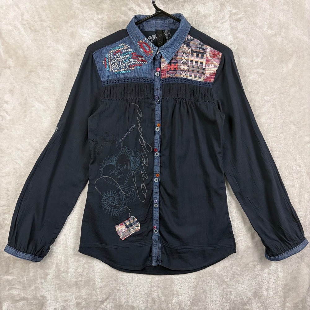 Desigual Black Embroidered Denim Trim Patchwork Boho Button Up Shirt Women S